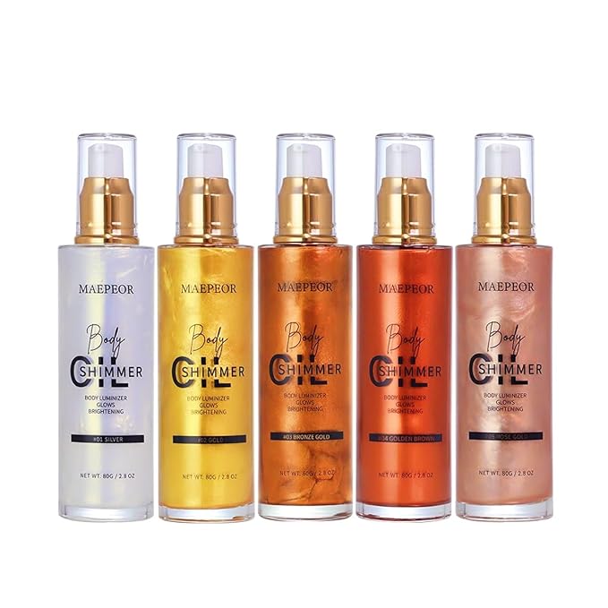 MAEPEOR Shimmer Body Luminizer 5 Colors Moisturizing Glow Illuminator Smooth and Non-sticky Summer Body Highlighter For Face & Body (80ML, 03 Bronze Gold)