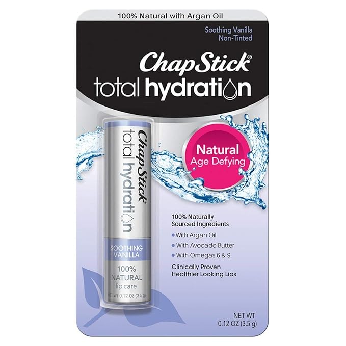 ChapStick Total Hydration Soothing Vanilla Moisturizing Lip Balm Tube, Lip Care with Argan Oil - 0.12 Oz