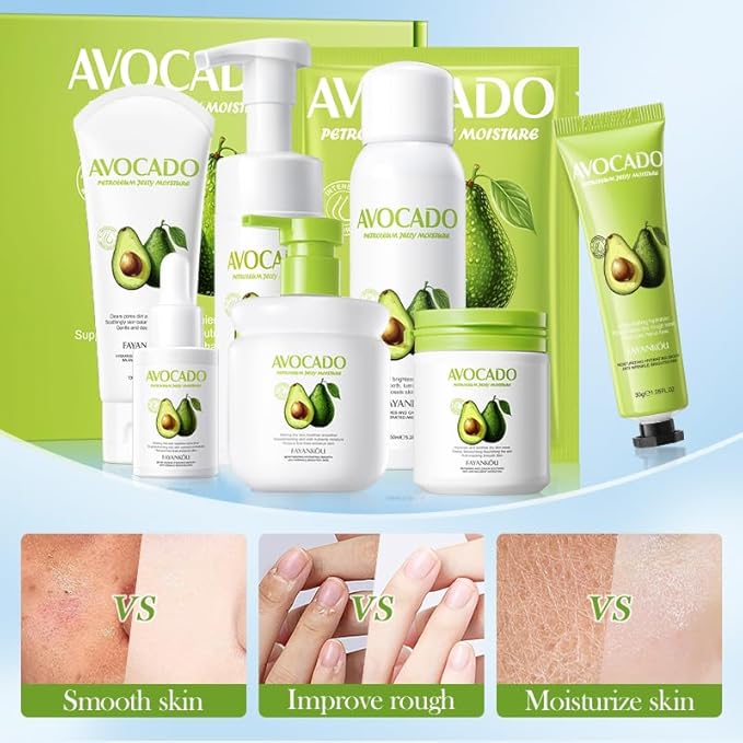 Avocado Facial Skincare Set - Complete Eight-Piece Kit for Soothing, Nourishing, and Moisturizing