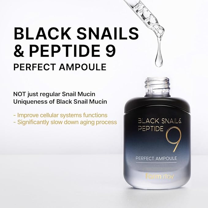 Farmstay Black Snail & Peptide9 Perfect Ampoule, Korean Snail Mucin Serum for Elastic & Glow Skin, Boosting Radiance & Repairing Skin Barrier Serum, for Women & Men, Korean Skin Care, 1.18 Fl. Oz.