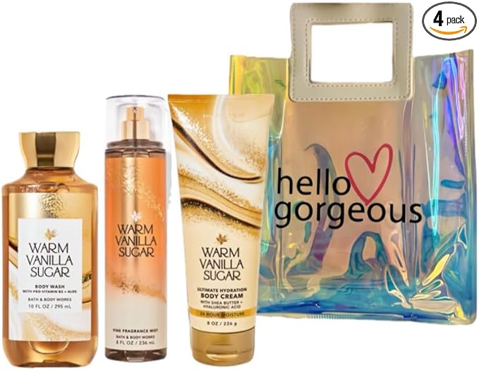 Bath & Body Works - 3 Piece Bundle - Spray - Body Cream - Shower Gel - Full Size and Gift Bag HELLO GORGEOUS (Warm Vanilla Sugar)