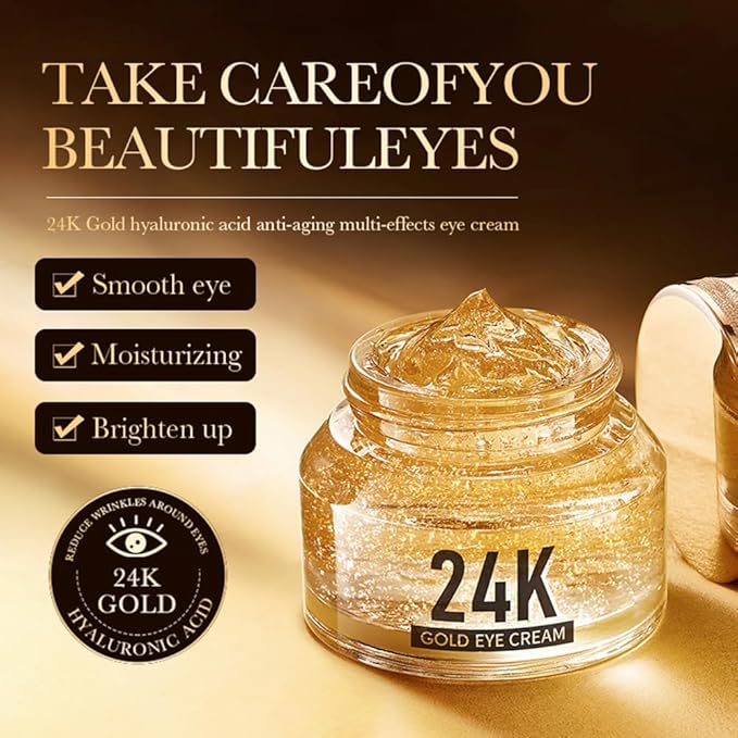 24K Gold Hyaluronic Acid Anti-Aging Multi-Effects Eye Cream - For Dark Circles & Fine Lines - With Hyaluronic Acid & Ingredient Gold, 1.4 Oz
