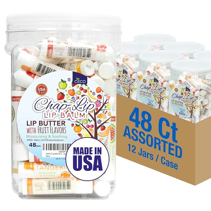 CHAP-LIP Lip Balm 48 Ct. with Fruit Flavors, Cocoa Butter, Coconut Oil | Moisturizing Vitamin E & Total Hydration Treatment & Soothing Lip Therapy (48 Ct Pack of 12)