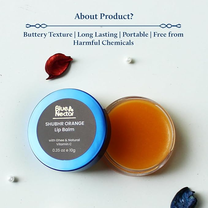 Blue Nectar Ayurvedic Orange Lip Balm with Organic Ghee & Natural Vitamin C for Dry Lips | Moisturizing Lip Gloss with Clean Ingredients (0.35 oz, 10 Herbs)
