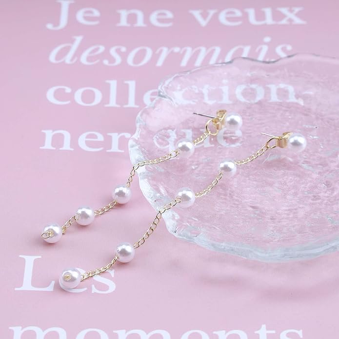 Boho Pearl Drop Earrings Long Pearl Tassel Earrings Gold Pearl Chain Earrings Vintage Pearl Stud Earrings Jewelry for Women