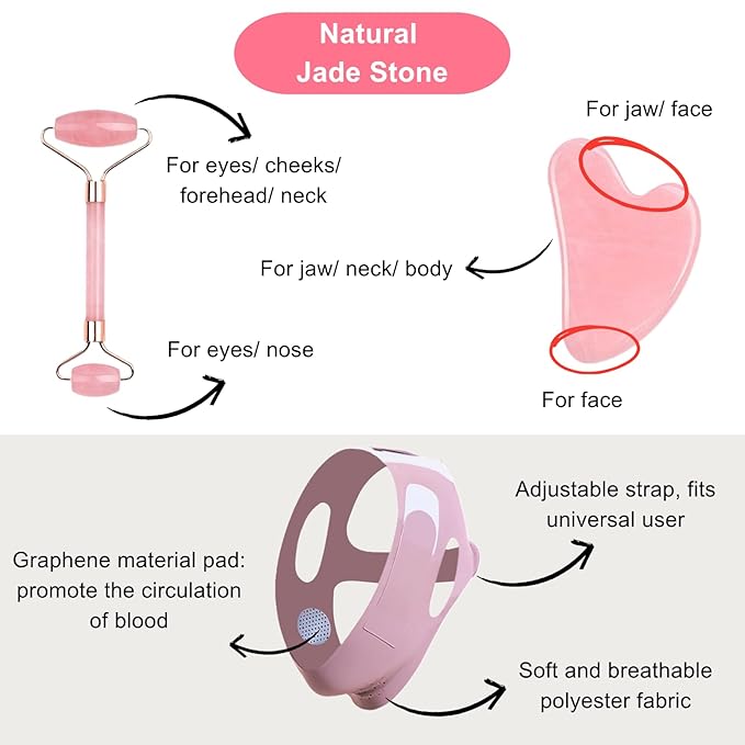 Gua Sha Facial Tools - Jade Roller for Face Beauty Gift Sets Reduces Puffiness, Sleep Mask, Face Lifting Double Chin Strap, Skin Care Massage Self Care Gift for Women