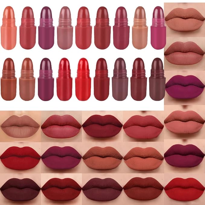 evpct 18Pcs Capsule Pills Lipstick Mini Matte Lipstick Set for Women Long Lasting labiales mate 24 horas originales Deep Red 24 Hour Waterproof Stay on Lip liner Set Sampler