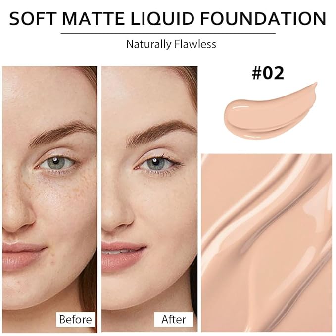 2 Pack Liquid Foundation Cream with Foundation Brush for Face Makeup,Durable Full Coverage Matte Concealer Make Up,Oil Control & Waterproof Base Primer -1 Fl.Oz (#02)