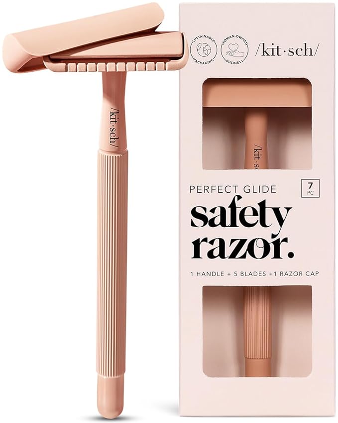 Kitsch Double Edge Safety Razors for Women and Men, Long Metal Handle and Stainless Steel Single Blade Razor with 5 Double Edge Refills, for Shaving and Travel Essentials - Terracotta