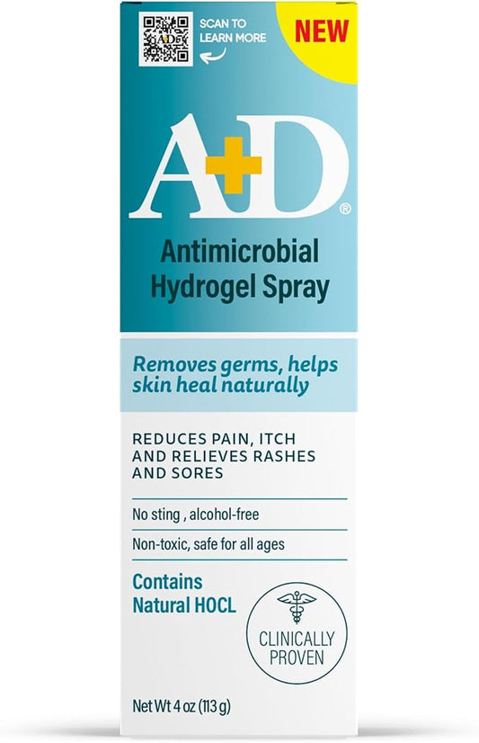 A+D Antimicrobial Hydrogel Spray – with Hypochlorous Acid, Removes Germs, Helps Heal Rashes & Irritations, Reduces Itch & Pain, Alcohol-Free, Non-Sting Formula, Safe for All Ages, 4oz