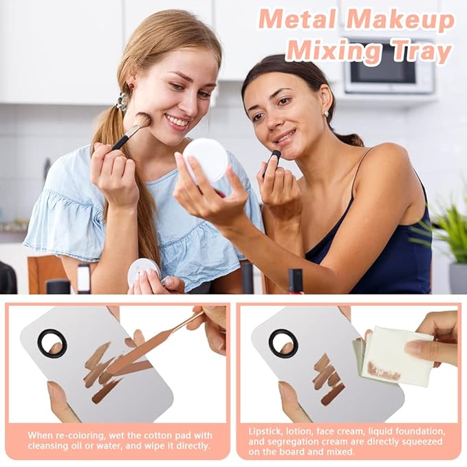 3PCS Makeup Mixing Palette, Stainless Steel Cosmetic Makeup Palette With Spatula Makeup Artist Tool, Professional Cosmetic Mixing Makeup Palette For Mixing Eye Shadow/Eyelash/Nail Art/Foundation