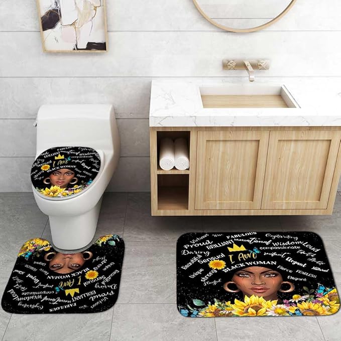 4PCS African American Black Girl Shower Curtain Sets with Rugs, Black Shower Curtain, Afro Black Woman Sunflower Bathroom Decor, Non-Slip Bath Mat, Motivational Inspirational Gifts for Women