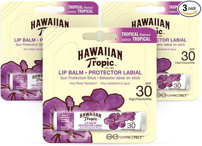 Hawaiian Tropic Lip Balm Pack of 3 – Sunscreen Lip Balm SPF 30, Tropical Flavor, 4 g