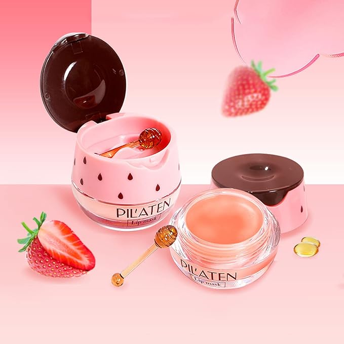 Bee Lip Balm Lip Balm Honey Pot, Strawberry Sleeping Lip Mask,Moisturizing Lip Balm with Stick,Hydrating & Prevention Dry and Cracked Lip Scrubs Exfoliator Lip Wrinkle Skin Care Products(Strawberry)