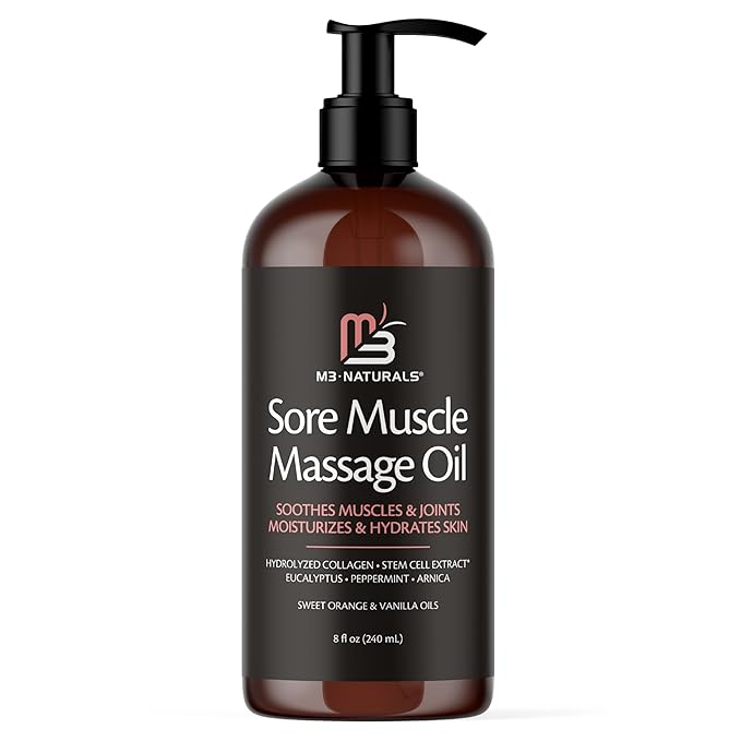 M3 Naturals Arnica Sore Muscle Massage Oil with Collagen, Stem Cells, and Menthol, Anti-Cellulite Therapy for Full Body, Fast-Absorbing Multipurpose Treatment