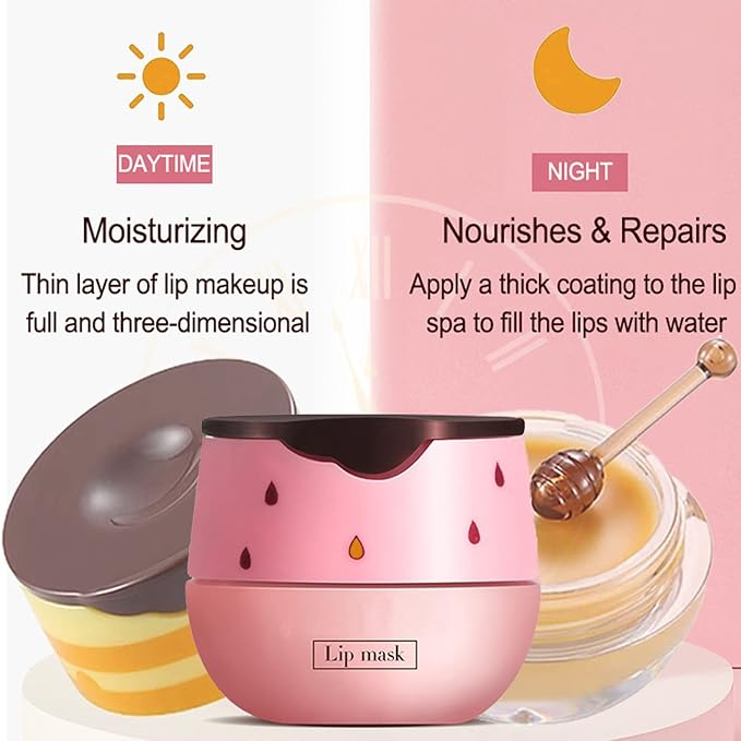 Bee Lip Balm Honey Pot, 2 PCS Strawberry & Honey Lip Masks Hydrating Prevention Dry and Cracked Lip Scrubs Exfoliator,Lip Sleep Mask Reduces Lip Lines,Lip Exfoliating BeeLip Balm Sleeping Lip Mask