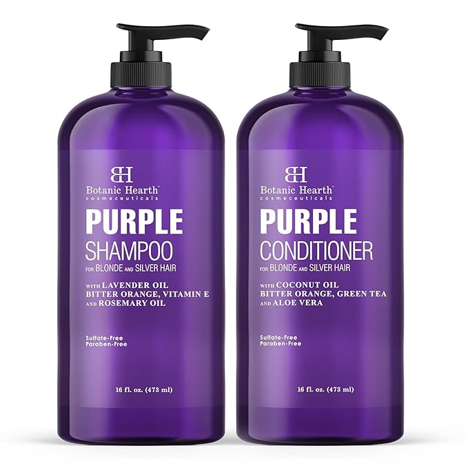Botanic Hearth Purple Shampoo And Conditioner Set | For All Shades Of Blonde, Silver And Gray Hair | Enhances Highlights | Sulfate Free, Paraben Free, 16 Fl Oz Each