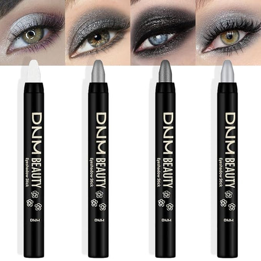 Kaely 4Pcs Metallic Shimmer Smoky Eye Shadow Sticks, Pearl White Dazzling Grey Gray Pearl Black Silver, Smokey Eyeliner Pencil Eyeshadow Palette Goth Halloween Makeup, Eye Brightener Stick for Women