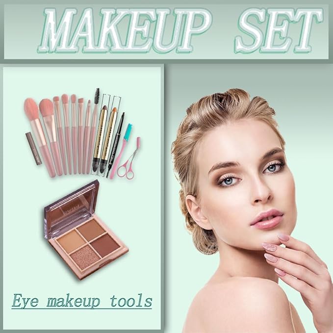 All-In-One And Portable Beginner Makeup Kit, Including Mascara, Eyeshadow Pencil, Eyeshadow Palette, Beauty Brush Set, Eyebrow Shaping Set And Other Props