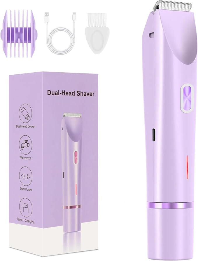 Dermave Bikini Shaver - Electric Bikini Trimmer for Women, Dual Head Shaver Painless Hair Removal for Face, Body & Intimate Areas (Purple)
