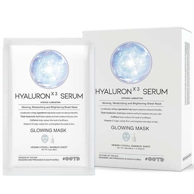 #OOTD Triple Hyaluron Hydrating Mask for Dry and Sensitive Skin, Anti Aging, Tightening and Moisturizing, Korean Vegan Beauty, Hyaluronic Acid, Caffeine, Vitamin C 10EA