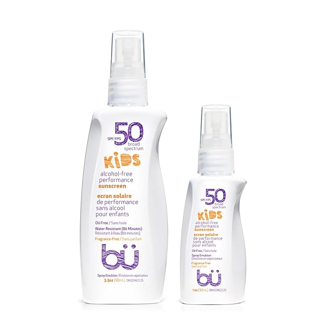 BU SPF 50 Fragrance Free Kids Sunscreen Spray for Face and Body, TSA Travel Size Sunscreen, Clear Non Aeorsol Spray, Non Greasy, Water Resistant and Oil Free, 3.3 oz and 1 oz (2-Piece Bundle)
