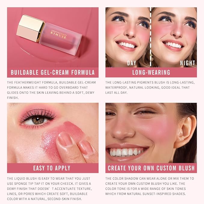 KIMUSE Soft Cream Blush Makeup, Liquid Blush for Cheeks, Weightless, Long-Wearing, Smudge Proof, Natural-Looking, Dewy Finish