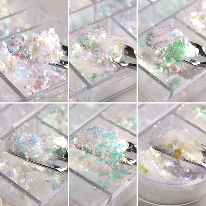 Holographic Iridescent Nail Art Nail Glitter KALEFUL Powder Aurora Foil Sequins Flakes Paillettes Designs Manicure Nail Decorations - 12 Grids