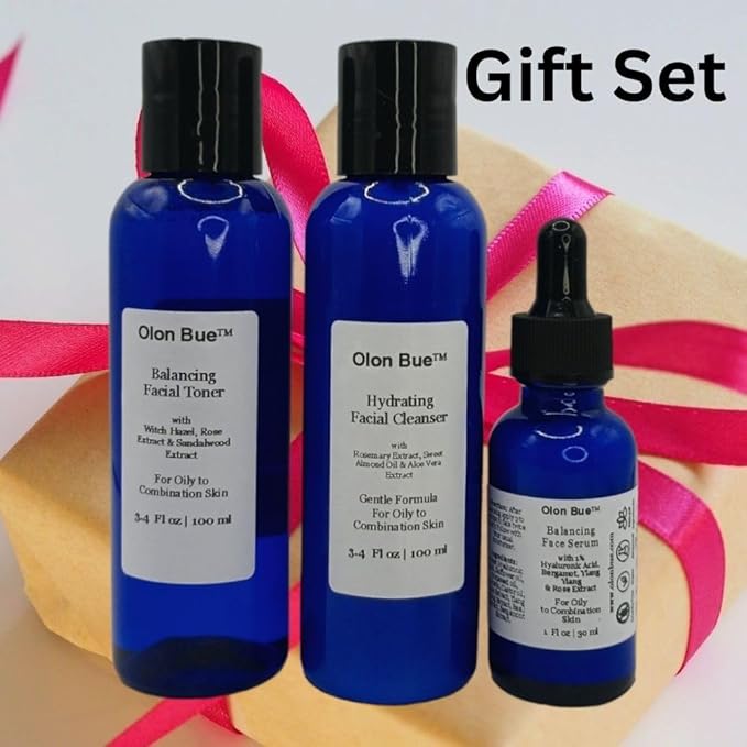 Daily Balancing Skincare Set (3 Pcs) Gift Set, Cleanser, Toner, Serum, Hyaluronic Acid, RoseExtract, Acne Prone Skin Soothing, Regenerating, Hydrating, Anti Aging Skin Care Routine, Vegan