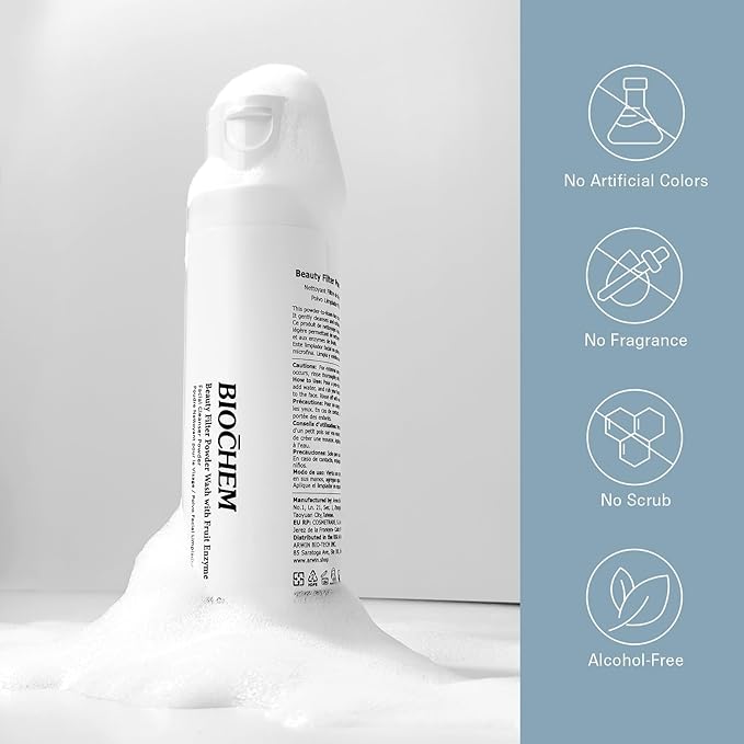 BIOCHEM Beauty Filter Powder Face Wash with Fruit Enzyme, Daily Wash with Papaya & Pineapple Enzyme, Gentle Plant-Based Low pH Exfoliator Cleanser for Women & Men, Sensitive Skin (1.59 fl oz / 45 g)
