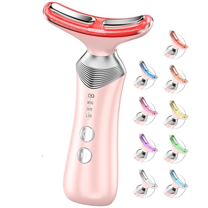 9-in-1 Red-Light-Therapy-for-Face-and-Neck, Portable Facial Massager Tool with Adjustable Vibration & Thermals for Wrinkles, Double Chin, Pink