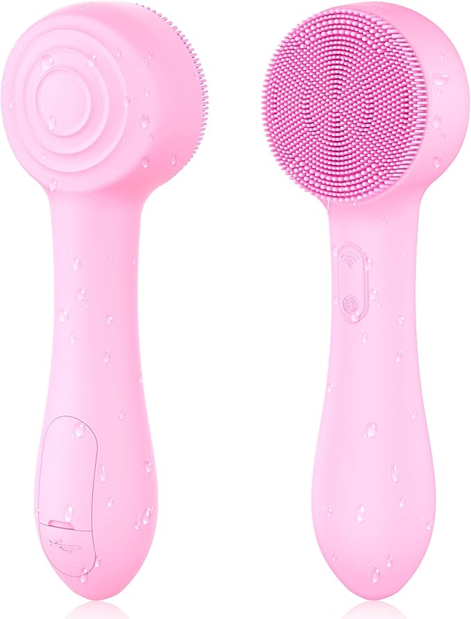 Facial Cleansing Brush Silicone Face Scrubber Waterproof Rechargeable Exfoliator Massage Device for Men & Women, Deep Pore Cleansing, Exfoliating, Removing Blackhead Electric Face Scrub Brush (Pink)