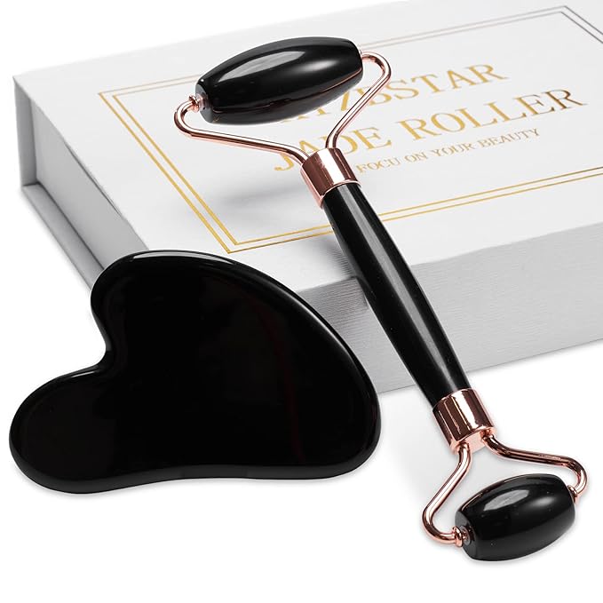 Jade Roller for Face, Facial Roller Massager Skin Care Tool, Gua Sha Facial Tools for Face, Neck, Eyes, Reduce Puffiness of The Skin (Black)