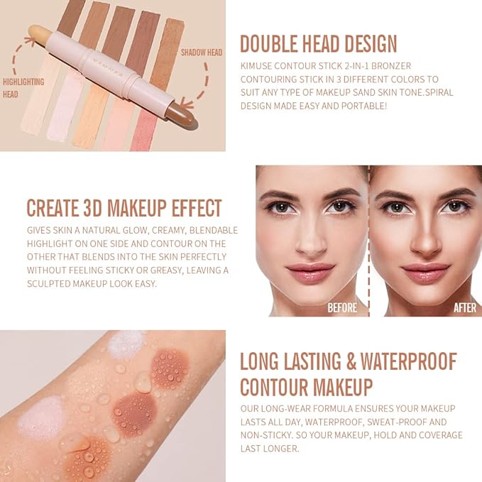 KIMUSE 2Color Dual Cream Contour Stick, Highlight & Contour Bronzer Stick, Long Lasting & Waterproof Contour Sticks Kit for Light Skin Face Makeup