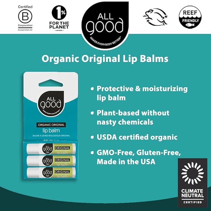 All Good Organic Lip Balm for Soft Smooth Lips - Calendula, Lavender, Olive Oil, Beeswax, Vitamin E | (Original) (3-Pack)