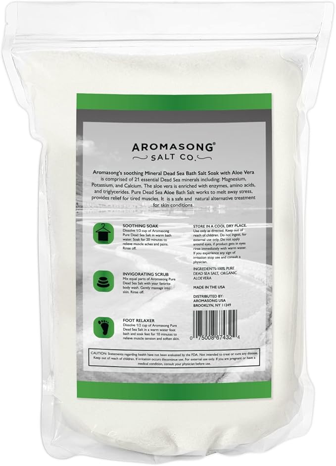 Aromasong Dead Sea Salt with Organic Aloe Vera, Spa Bath Salts, 5 Lbs Fine Bulk resealable Pack, 100% Pure & Natural, Soak for Women & Men for Tired Muscles & Skin Issues (Packaging May Vary)