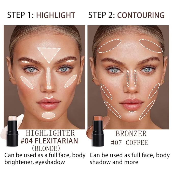 evpct 2Pcs Face Cream Contour Bronzer Sticks Makeup Highlighter Highlight Brown Creme Cheek Contour Sticks contorno en crema Bronzing Foundation Stick Kit Shadow Shading Face Contour Highly Piamented