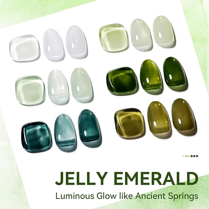 JODSONE Jelly Gel Nail Polish Set of 6 Colors Green Set Need U V Cured for Nail Art Manicure DIY Salon at Home Gift for Women