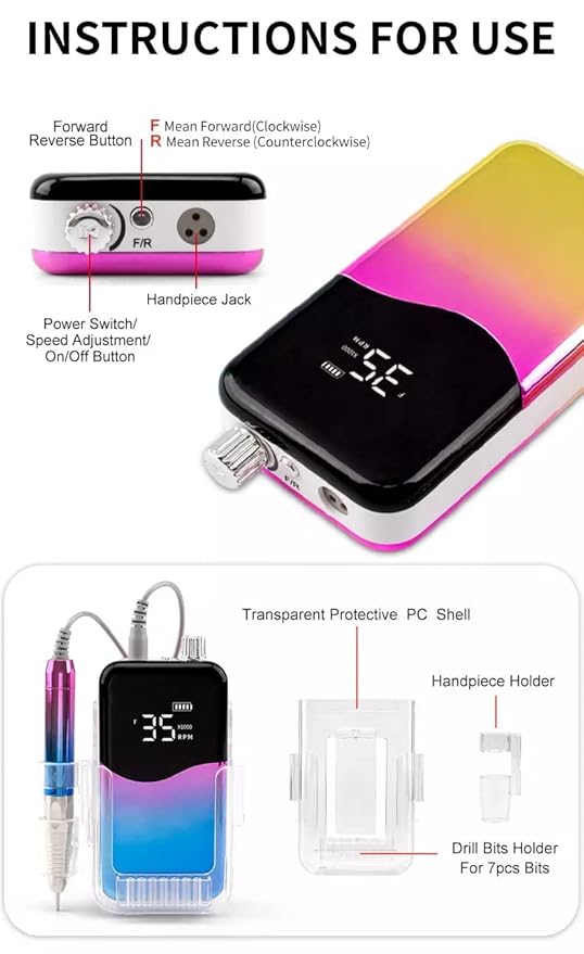 M Mase- Professional Nail Drill Machine - Coreless 2-in-1 Nail File - Electric, Cordless, 35000 RPM, HD Display - Electric Nail Drill for Professional & Home Use (Metallic Gold)