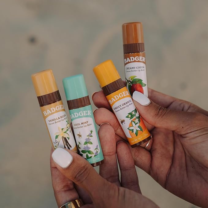 Badger Cocoa Butter Lip Balm, Creamy Cocoa, Certified Organic Lip Balm, Fair Trade, Lip Butter, Lip Balm Cocoa Butter, Care Lip Balm, 0.25 oz (4 Pack)