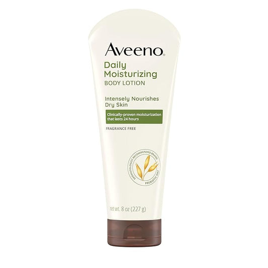 Aveeno Daily Moisturizing Body Lotion, Body Lotion for Dry Skin with Prebiotic Oat, Paraben Free, Fragrance Free, Non-Greasy, Non-Comedogenic Moisturizer, 8 FL OZ