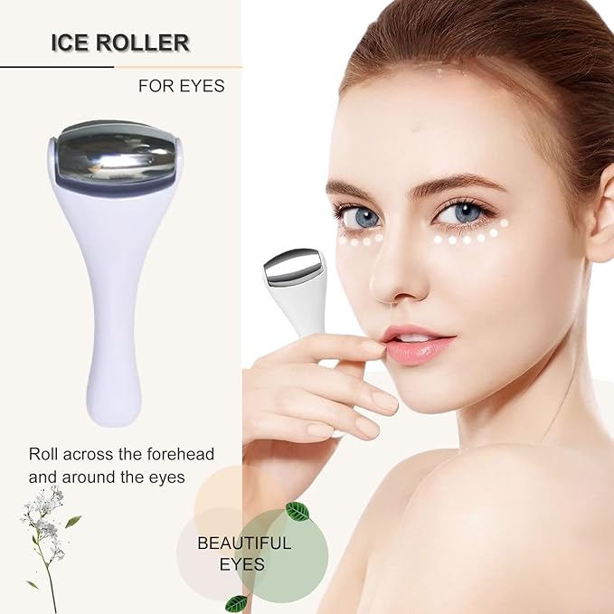 Ice Roller & Massager for Face & Eyes - Stainless Steel, 2 Pcs, Pain Relief, Dark Circles, Migraine (White)