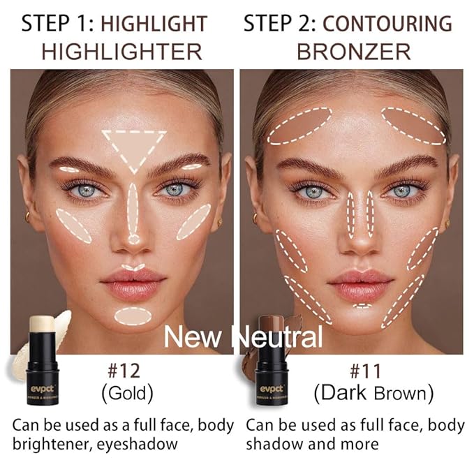 evpct 2Pcs Face Cream Contour Bronzer Sticks Makeup Highlighter Highlight Dark Brown Gold Creme Cheek Contour Sticks contorno en crema Bronzing Foundation Face Contour Stick Kit, 11+12 New Neutral