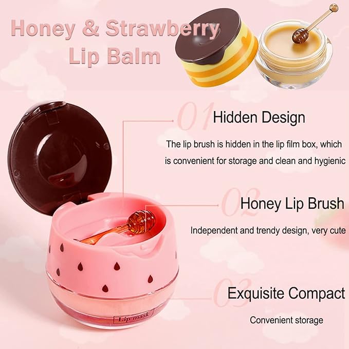 Bee Lip Balm Honey Pot, 4 PCS Strawberry & Honey Lip Masks Hydrating Prevention Dry and Cracked Lip Scrubs Exfoliator，Lip Sleep Mask Reduces Lip Lines，Lip Exfoliating Bee Lip Balm Sleeping Lip Mask