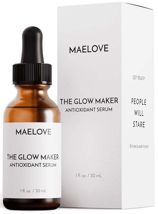MAELOVE Glow Maker Vitamin C Serum with Vitamin E, Ferulic Acid & Hyaluronic Acid, Award-Winning Brightening and Hydrating Facial Serum, Unscented, 1.0 fl oz
