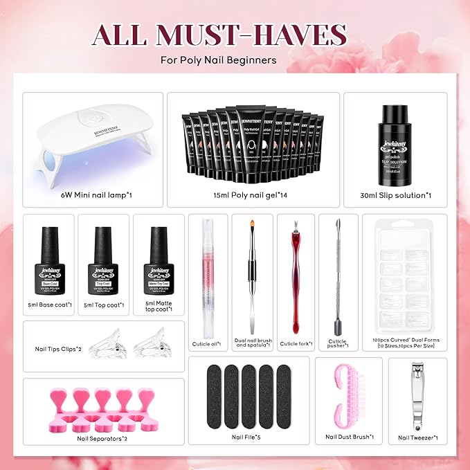 JEWHITENY 14 PCS Poly Nail Gel Kit Poly Extension Gel Kit Starter Kit With Slip Solution Professional Extension Set With LED Lamp Nail Art Design Beginner All In One