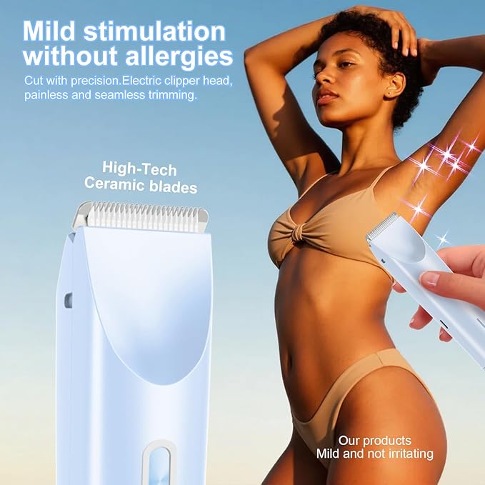 Electric Bikini Trimmer for Women, 2-in-1 Waterproof Painless Hair Removal, Face Body Private Area Shaver, Blue