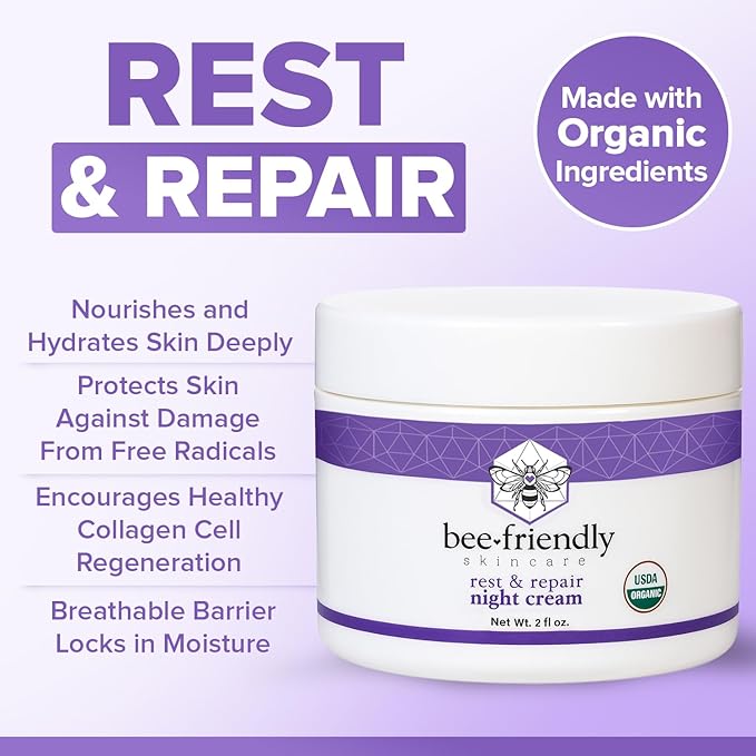 BeeFriendly Organic Night Cream, USDA Certified Organic, Deep Hydrating & Moisturizing Night Time Eye, Face, Neck & Decollete Cream for Women and Men, Anti Aging, Anti Wrinkle 2 oz
