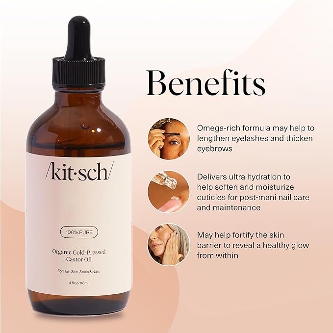 Kitsch Organic Castor Oil for Hair Growth - 100% Pure Castor Oil, Organic Cold Pressed Unrefined Glass Bottle for Face, Skin, Lashes, Brows, Scalp, Nails & Belly Button - Hexane Free, USDA - 4 oz