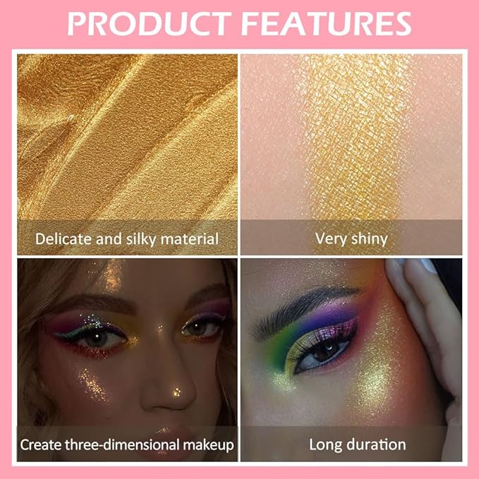 evpct Gold Highlighter Makeup Liquid, Gold Glitter Iridescent Face Festival Highlighter Makeup Waterproof Long Lasting Halographic Shimmer Shimmery Body Highlighter Makeup Palette Stick Illuminators